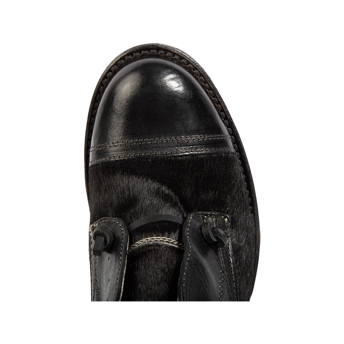 Top view showing almond toe and decorative knotted leather lace on FREEBIRD women's Mabel black pony multi shoe