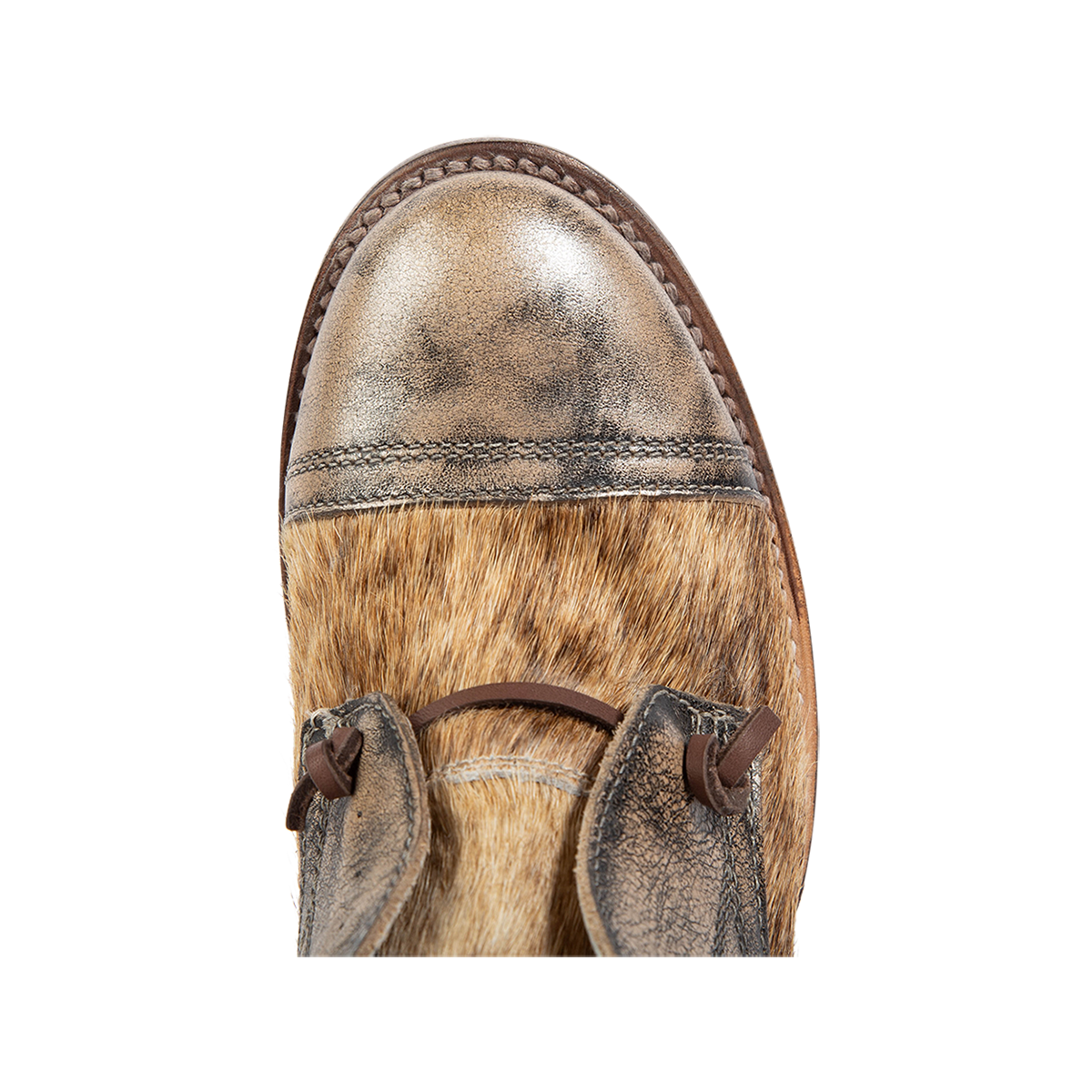 Top view showing almond toe and decorative knotted leather lace on FREEBIRD women's Mabel pewter pony multi shoe