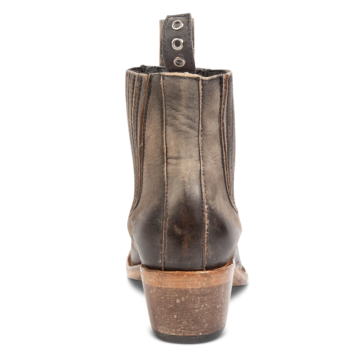 Back view showing FREEBIRD women's Maeve black distressed leather slip on bootie with leather pull tabs, gore detailing and block heel