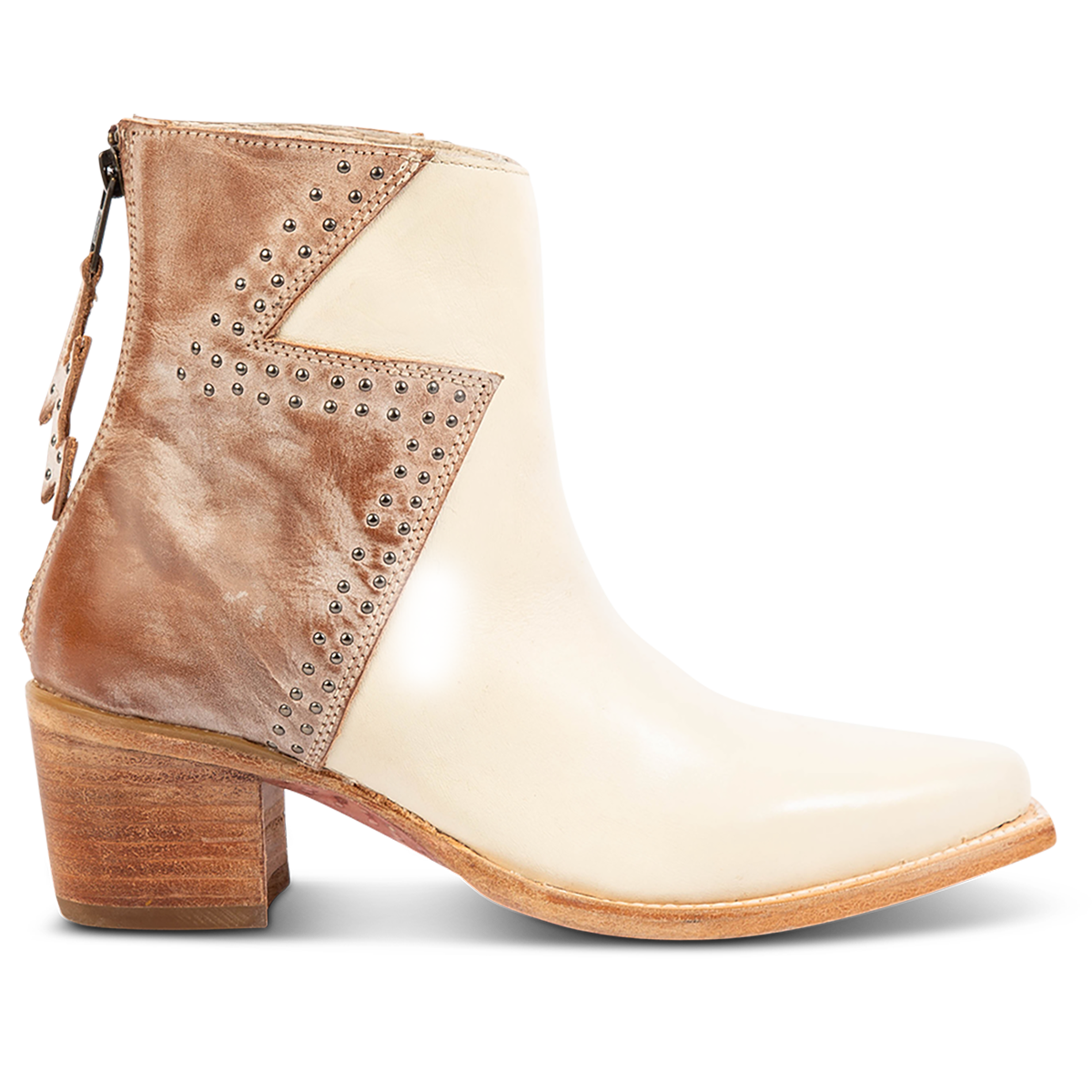 FREEBIRD women's Matilda beige multi leather bootie with a two-tone shaft, stud embellishments and working back zipper