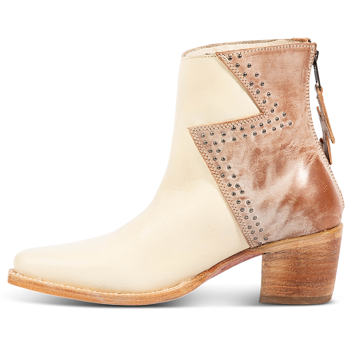 Inside view showing FREEBIRD women's Matilda beige multi leather bootie with a two-tone shaft, stud embellishments and working back zipper