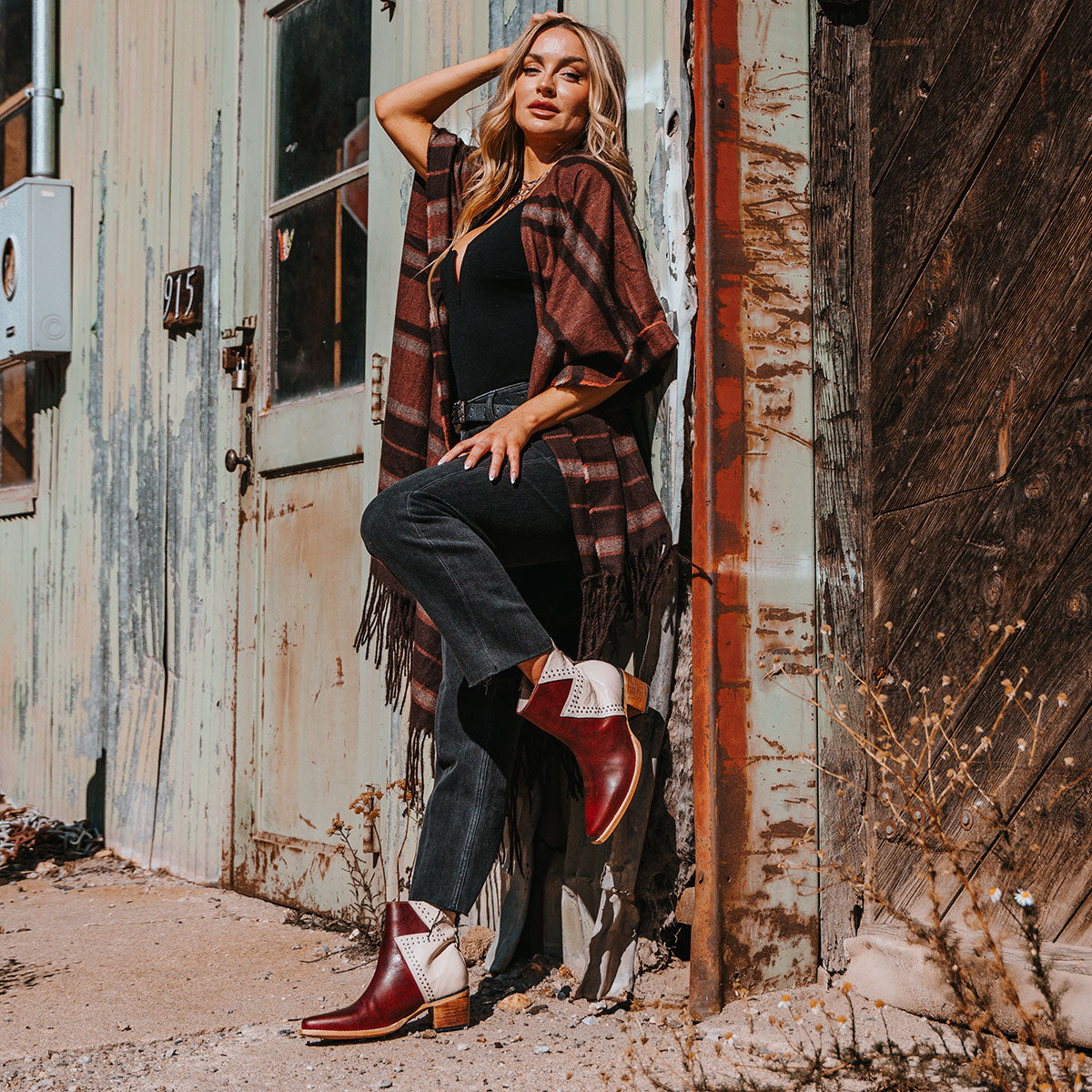 FREEBIRD women's Matilda red multi leather bootie with a two-tone shaft, stud embellishments and working back zipper lifestyle