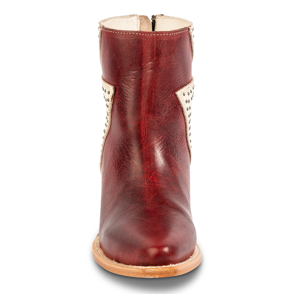 Front view of FREEBIRD women's Matilda red multi leather bootie with a two-tone shaft, stud embellishments and working back zipper