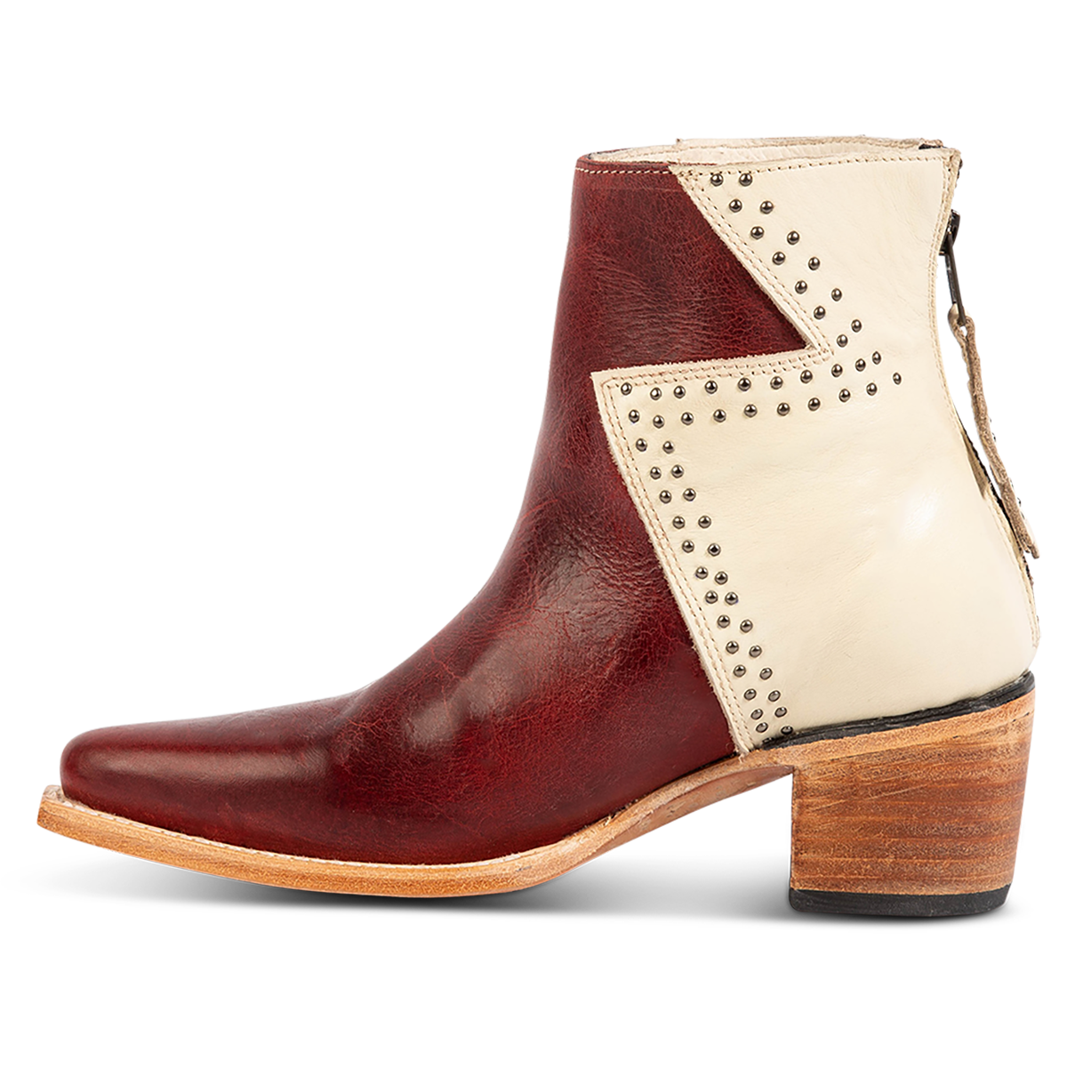 Inside view showing FREEBIRD women's Matilda red multi leather bootie with a two-tone shaft, stud embellishments and working back zipper