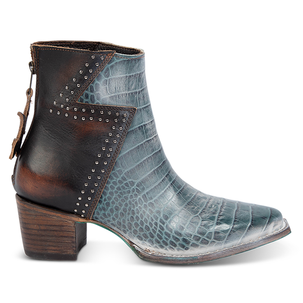 FREEBIRD women's Matilda turquoise croco multi leather bootie with a two-tone shaft, stud embellishments and working back zipper