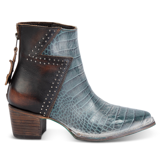 FREEBIRD women's Matilda turquoise croco multi leather bootie with a two-tone shaft, stud embellishments and working back zipper