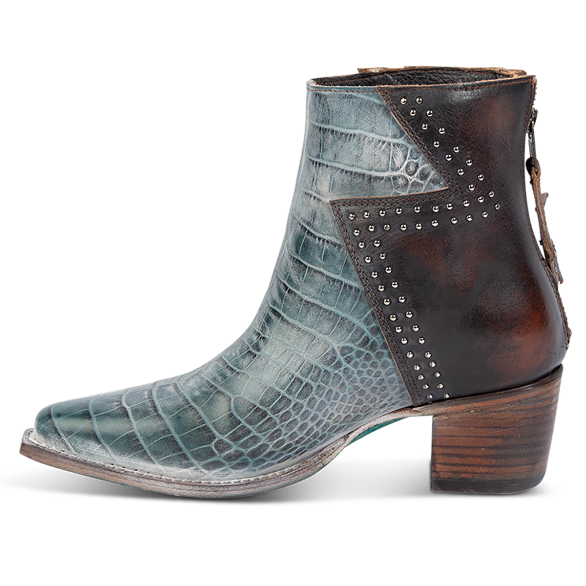 Inside view of FREEBIRD women's Matilda turquoise croco multi leather bootie with a two-tone shaft, stud embellishments and working back zipper