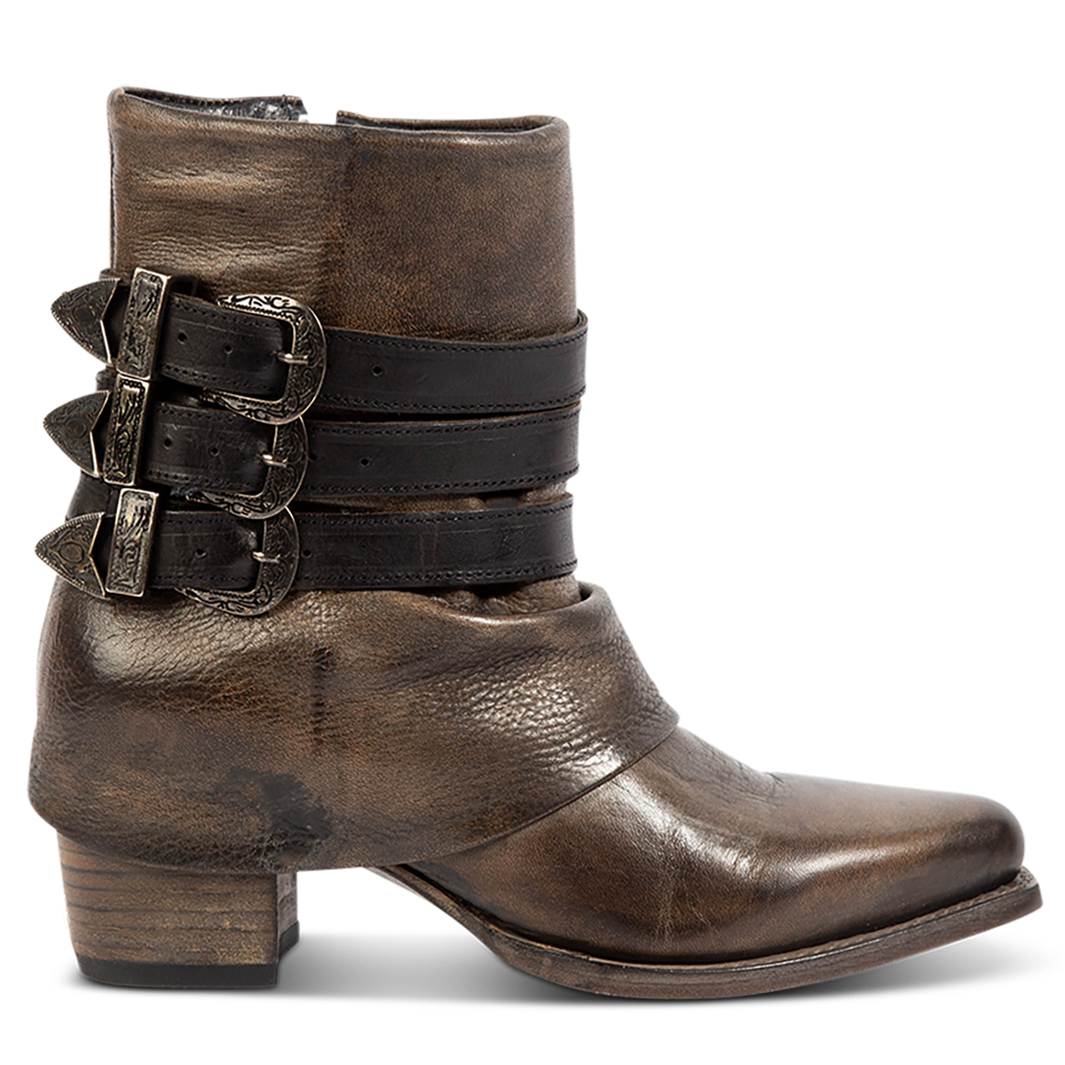 FREEBIRD women's Matteo black distressed leather bootie with a leather shaft overlay, adjustable shaft belts and snip toe construction