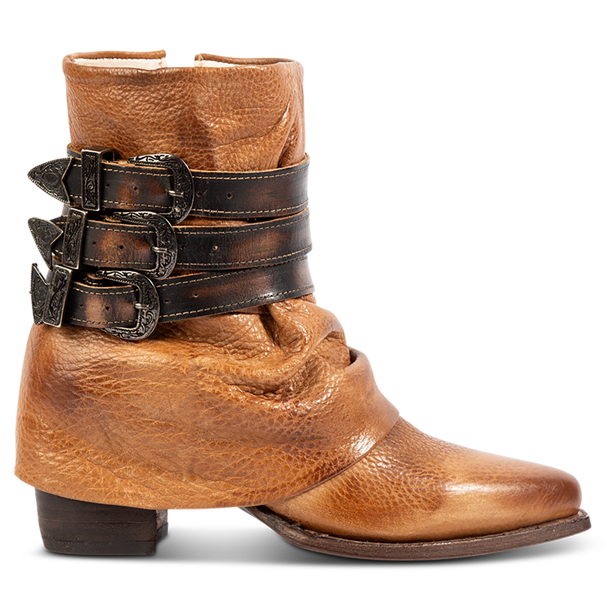 FREEBIRD women's Matteo tan leather bootie with a leather shaft overlay, adjustable shaft belts and snip toe construction