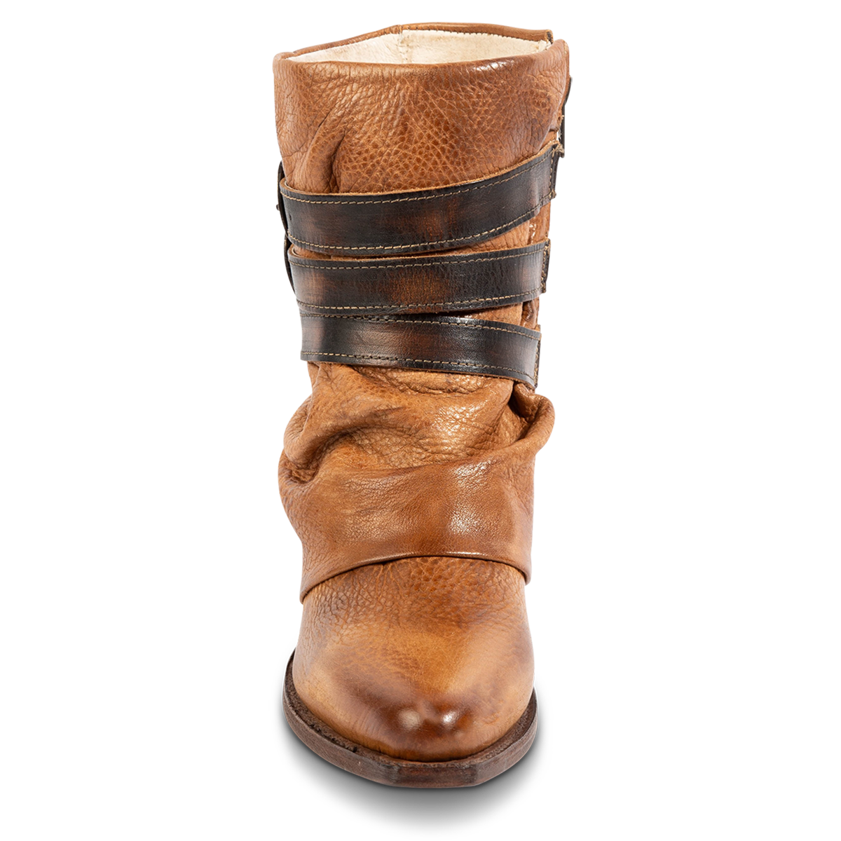 Front view showing FREEBIRD women's Matteo tan leather bootie with a leather shaft overlay, adjustable belts and snip toe construction