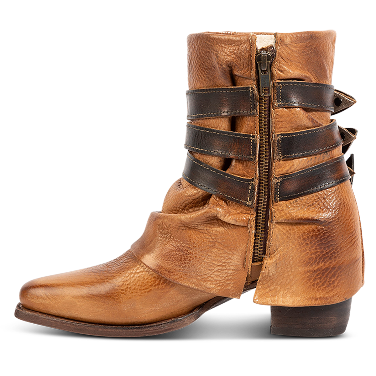 Inside view showing FREEBIRD women's Matteo tan leather bootie with a leather shaft overlay, adjustable shaft belts and inside working zipper