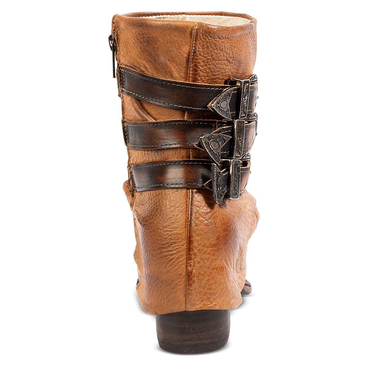 Back view showing FREEBIRD women's Matteo tan leather bootie with adjustable shaft belts and a stacked heel