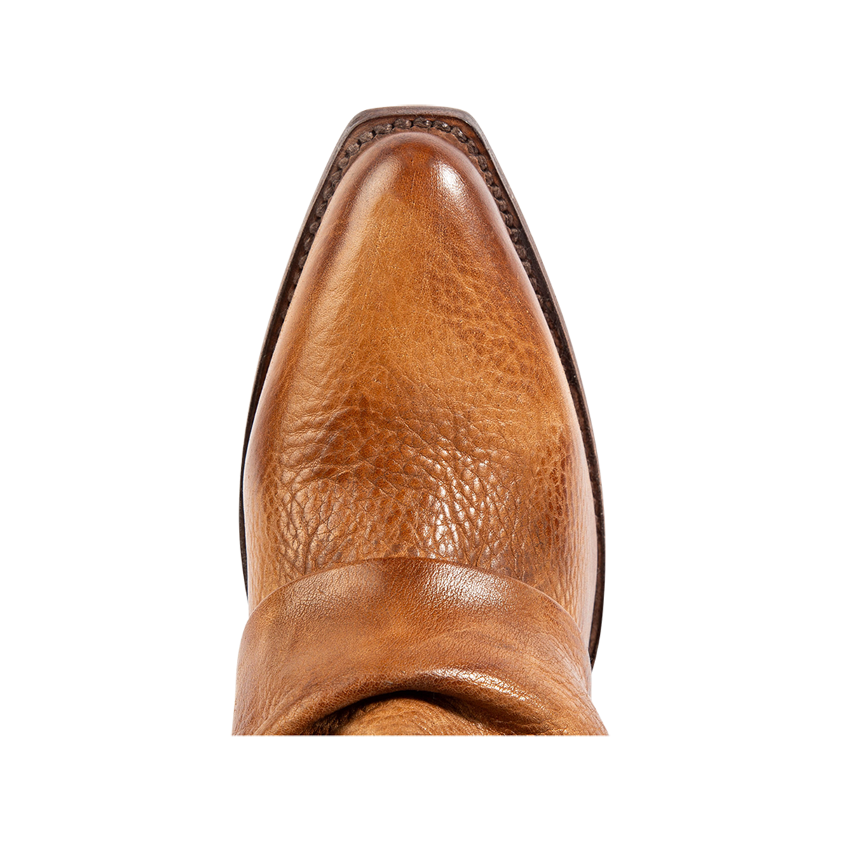 Top view showing snip toe construction on FREEBIRD women's Matteo tan leather bootie