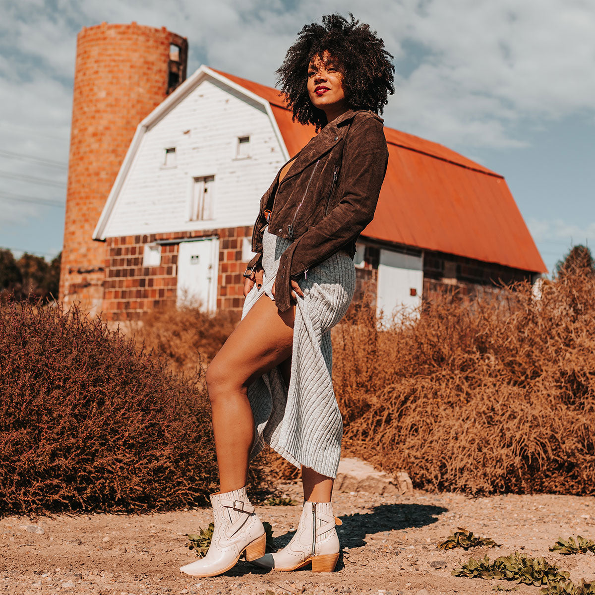 FREEBIRD women's Morgan beige leather ankle bootie with silver stud embellishments, gore detailing, and buckle straps lifestyle