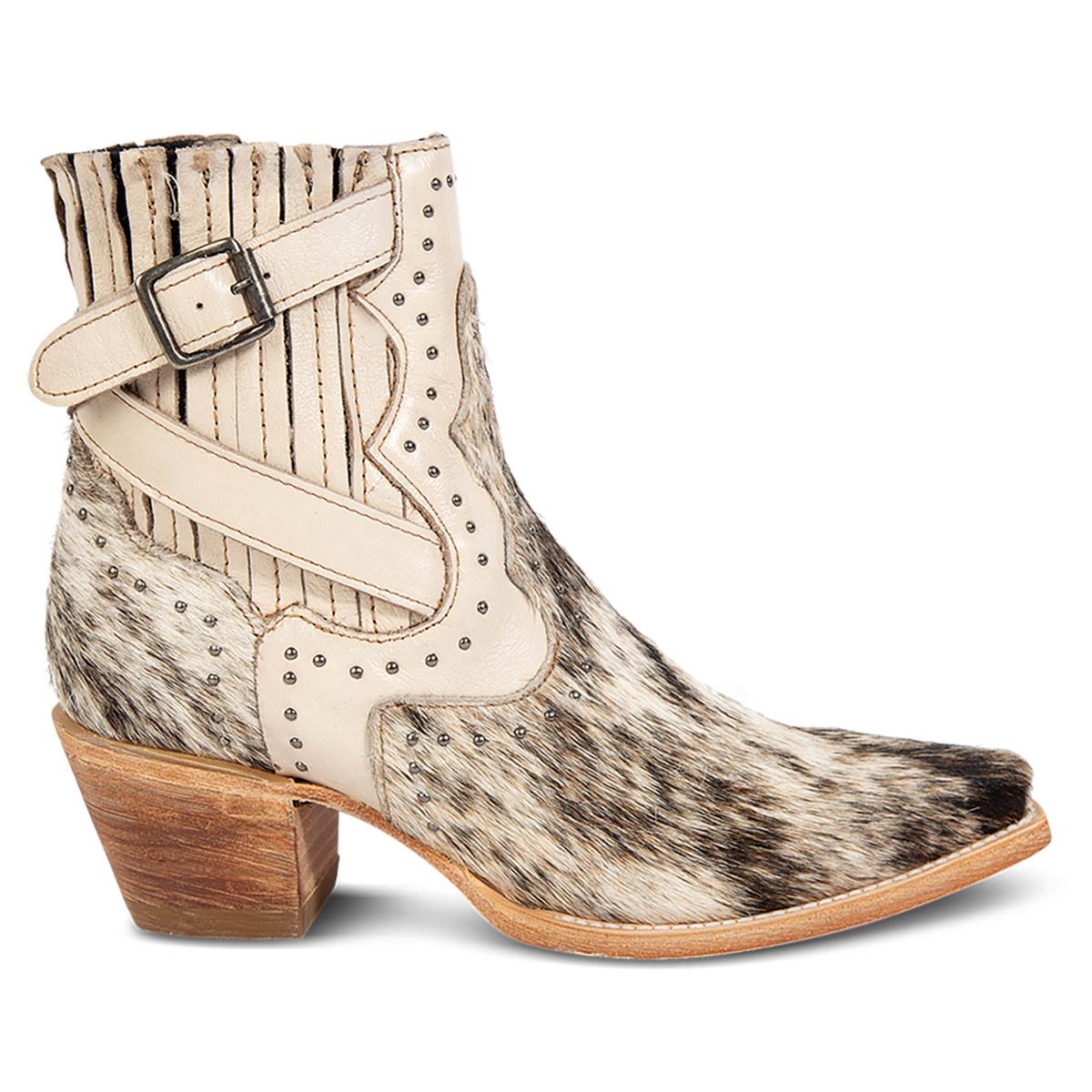 FREEBIRD women's Morgan beige pony multi leather ankle bootie with silver stud embellishments, gore detailing, and buckle straps 