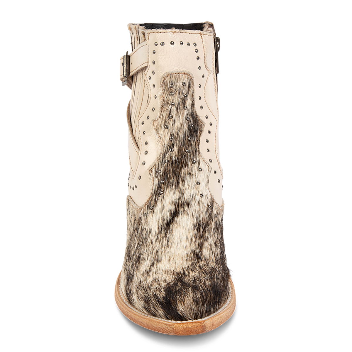 Front view showing pointed snip toe on FREEBIRD women's Morgan beige pony multi leather ankle bootie