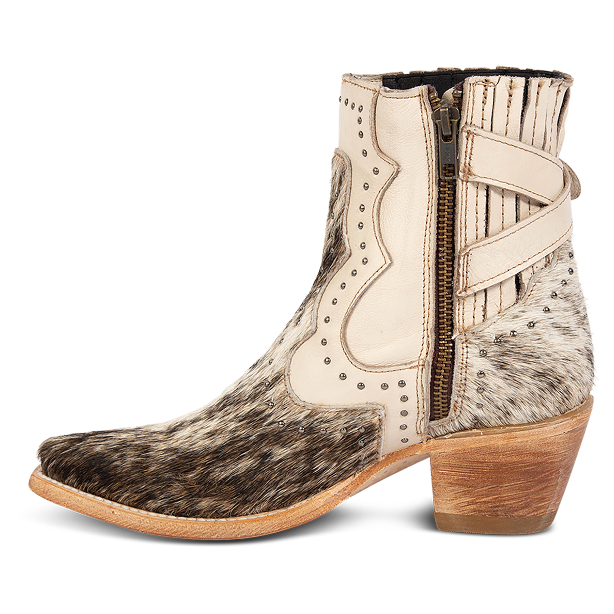 Inside view showing silver studs and inside zipper on FREEBIRD women's Morgan beige pony multi leather ankle bootie