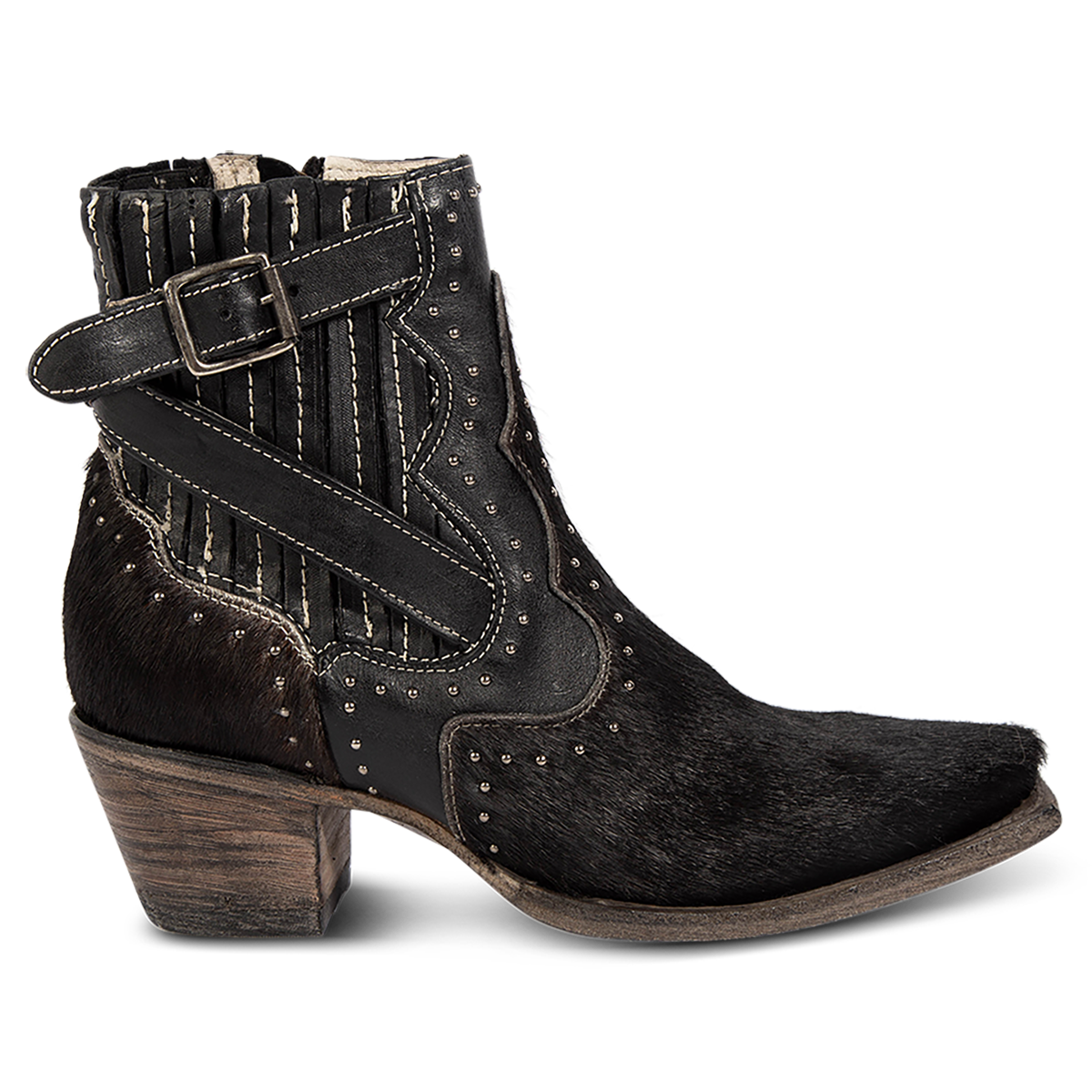 FREEBIRD women's Morgan black pony multi leather ankle bootie with silver stud embellishments, gore detailing, and buckle straps 