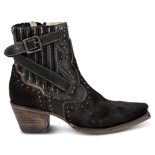 FREEBIRD women's Morgan black pony multi leather ankle bootie with silver stud embellishments, gore detailing, and buckle straps 