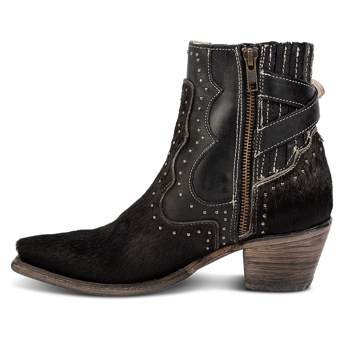 Inside view showing silver studs and inside zipper on FREEBIRD women's Morgan black pony multi leather ankle bootie