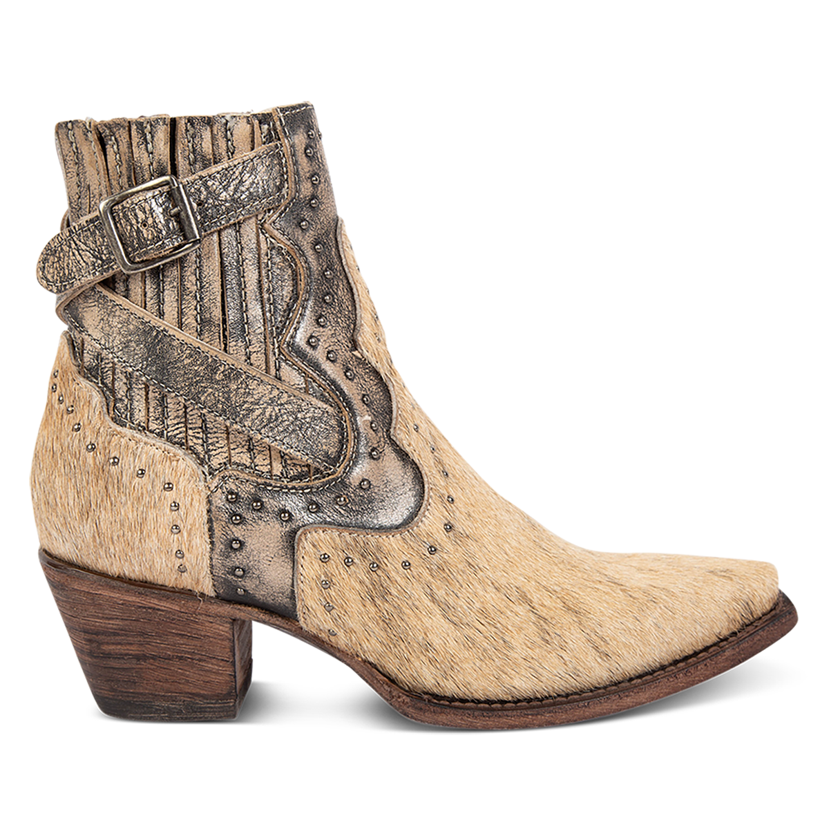 FREEBIRD women's Morgan pewter multi pony leather ankle bootie with silver stud embellishments, gore detailing, and buckle straps