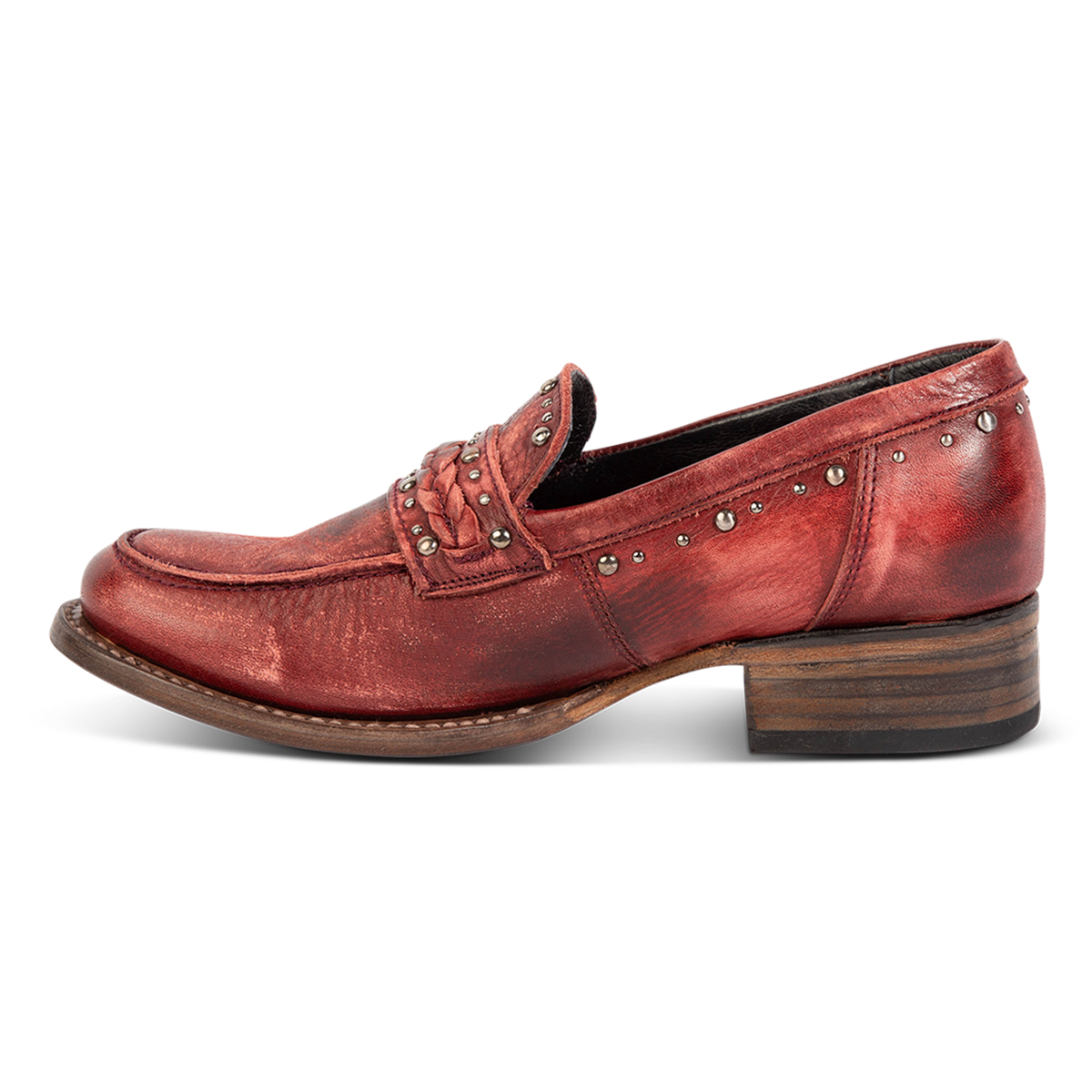 Inside view of FREEBIRD women's Myla wine leather loafer with a low wood heel, stud embellishments and Goodyear welt