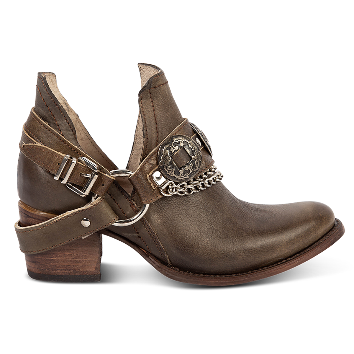 FREEBIRD women's Mystic brown leather bootie with silver belt detailing, ankle cut outs and a block heel