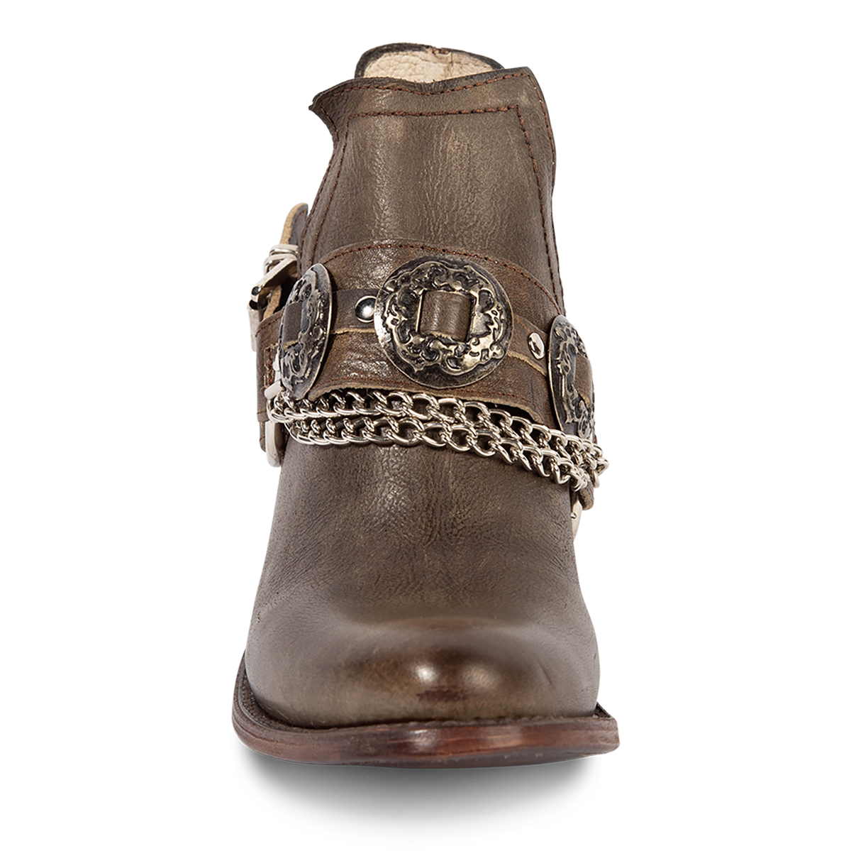 Front view showing FREEBIRD women's Mystic brown leather bootie with silver belt detailing, ankle cut outs and a block heel