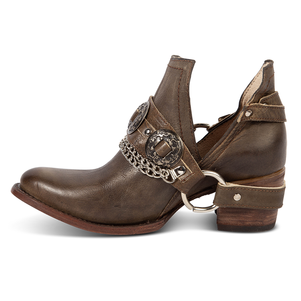 Inside view showing FREEBIRD women's Mystic brown leather bootie with silver belt detailing, ankle cut outs and a block heel