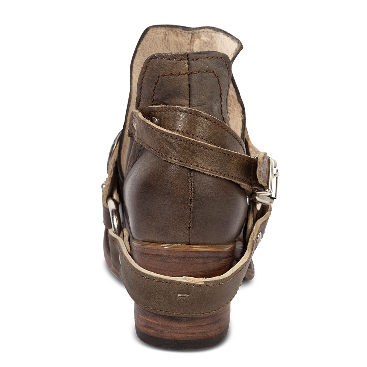 Back view showing FREEBIRD women's Mystic brown leather bootie with a block heel and ankle cutouts