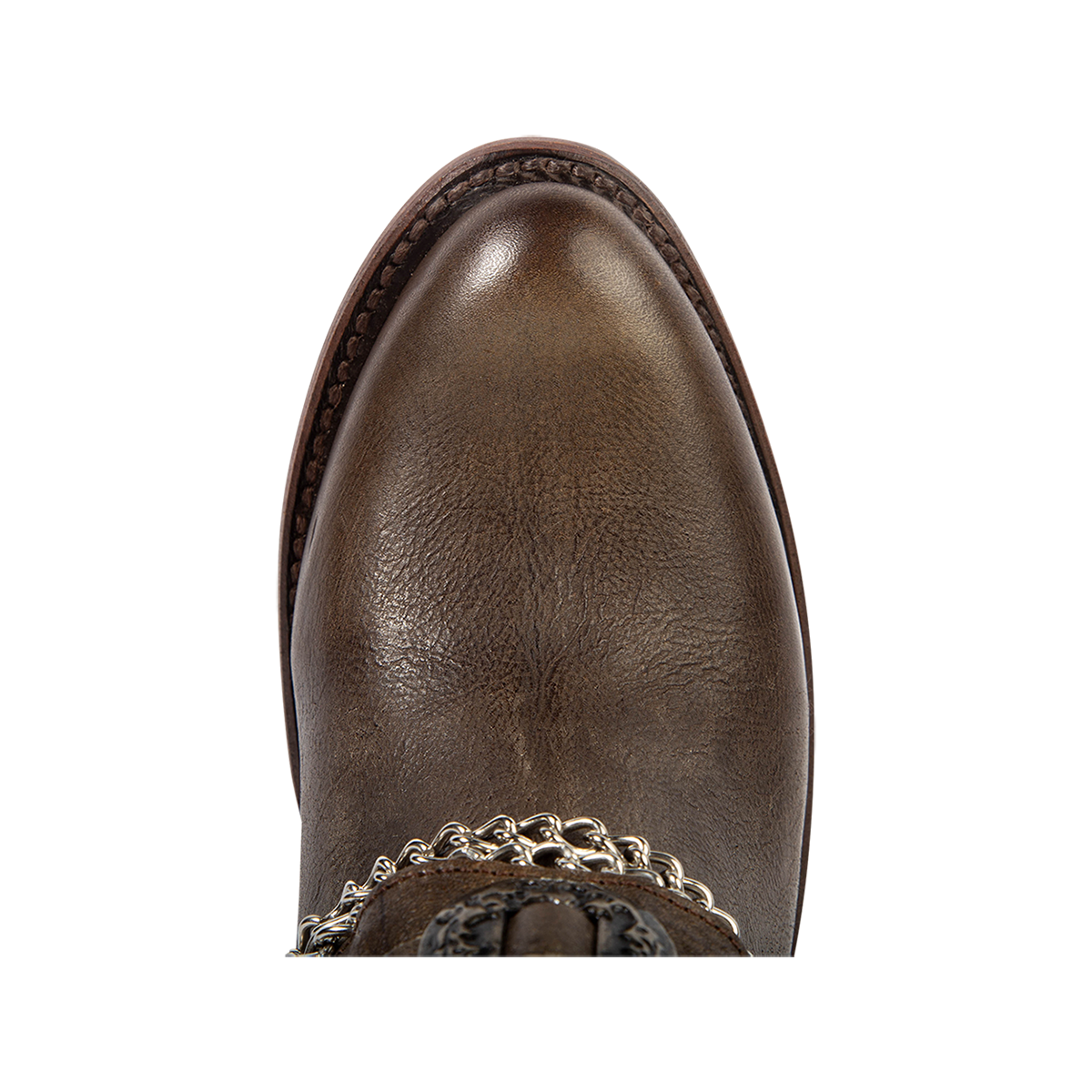 Top view showing an almond toe on FREEBIRD women's Mystic brown leather bootie