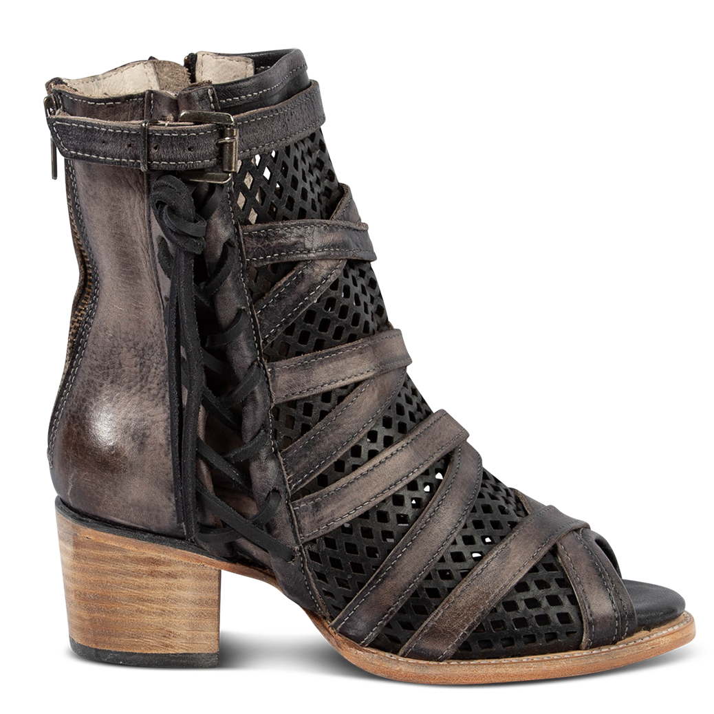 FREEBIRD women's Nikki black leather sandal with a laser cut shaft, leather tie lace up and inside full working brass zipper