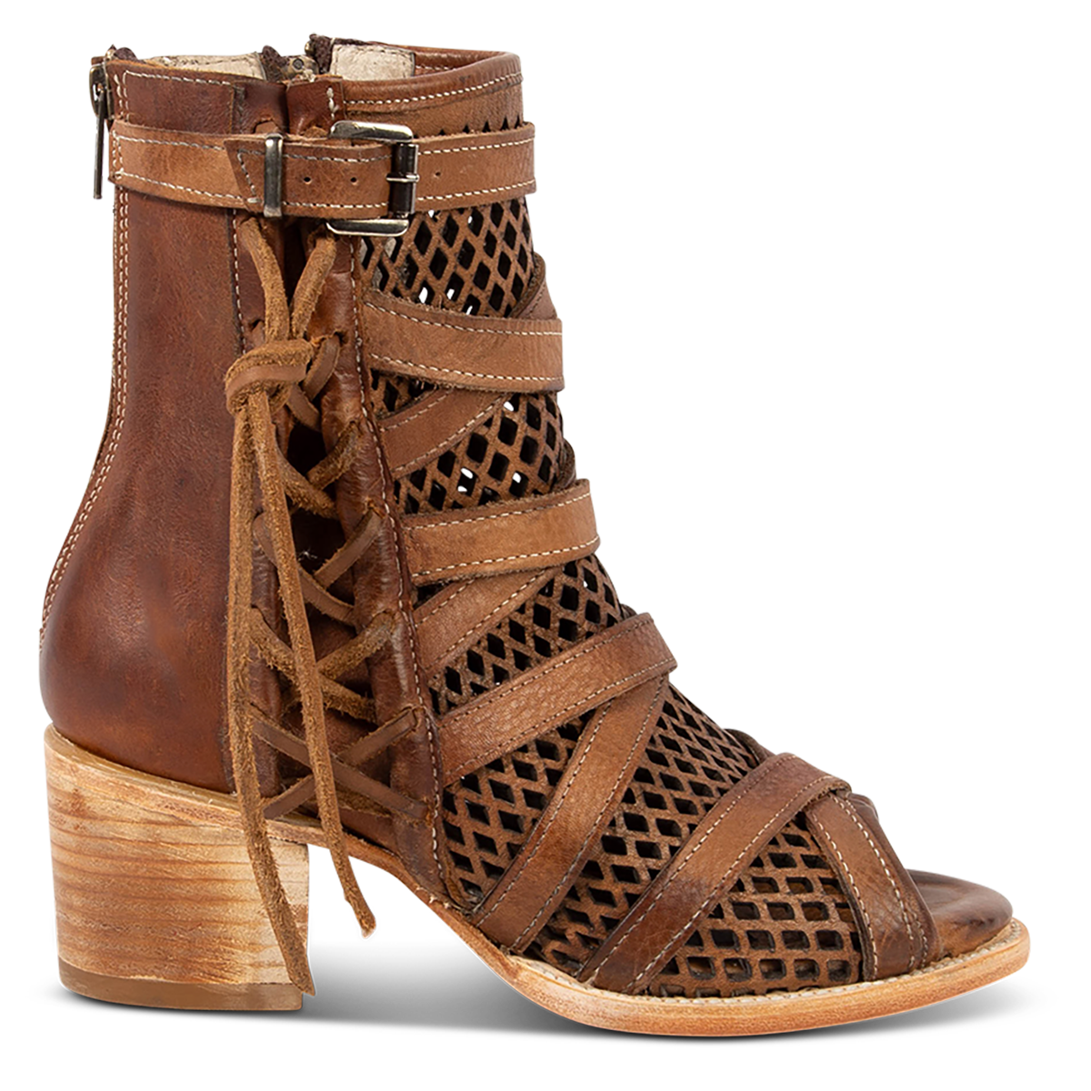 FREEBIRD women's Nikki tan leather sandal with a laser cut shaft, leather tie lace up and inside full working brass zipper