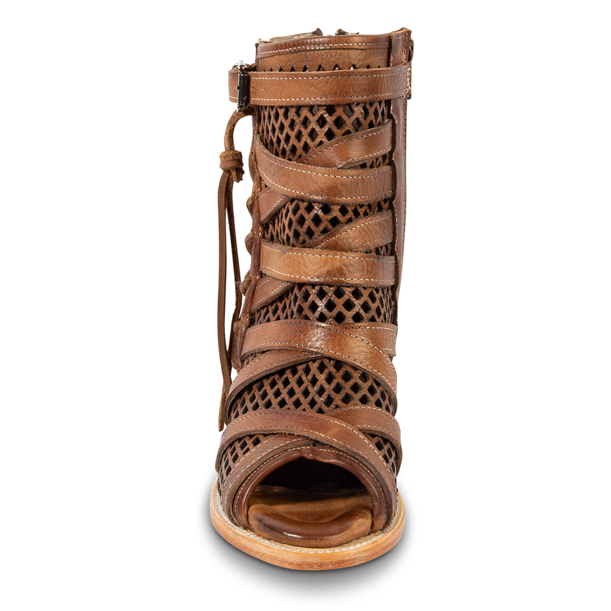 Front view showing FREEBIRD women's Nikki tan leather sandal with an open toe silhouette, laser cut detailed shaft and leather tie lacing