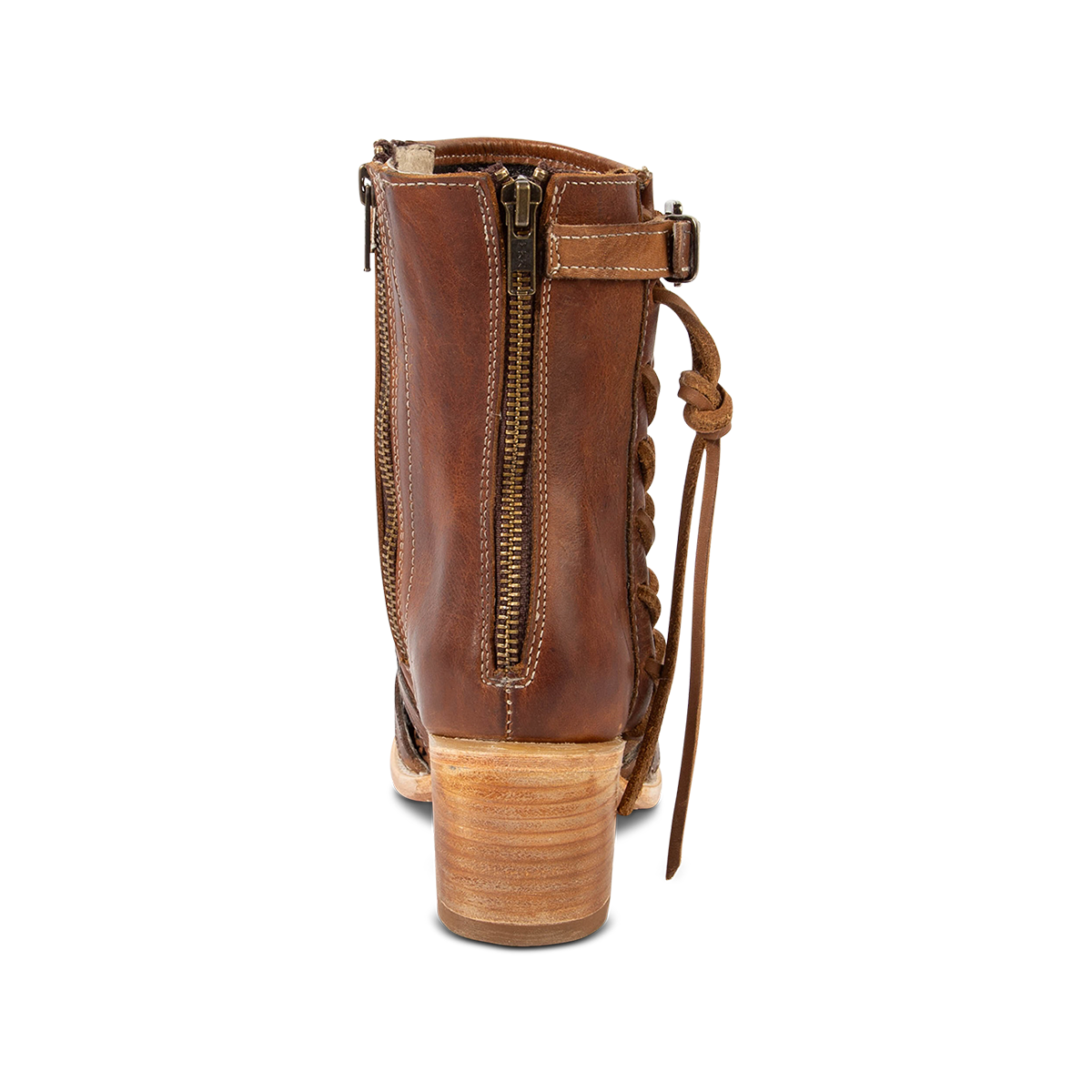 Back view showing FREEBIRD women's Nikki tan leather sandal with a low block heel, working brass zipper and leather lacing