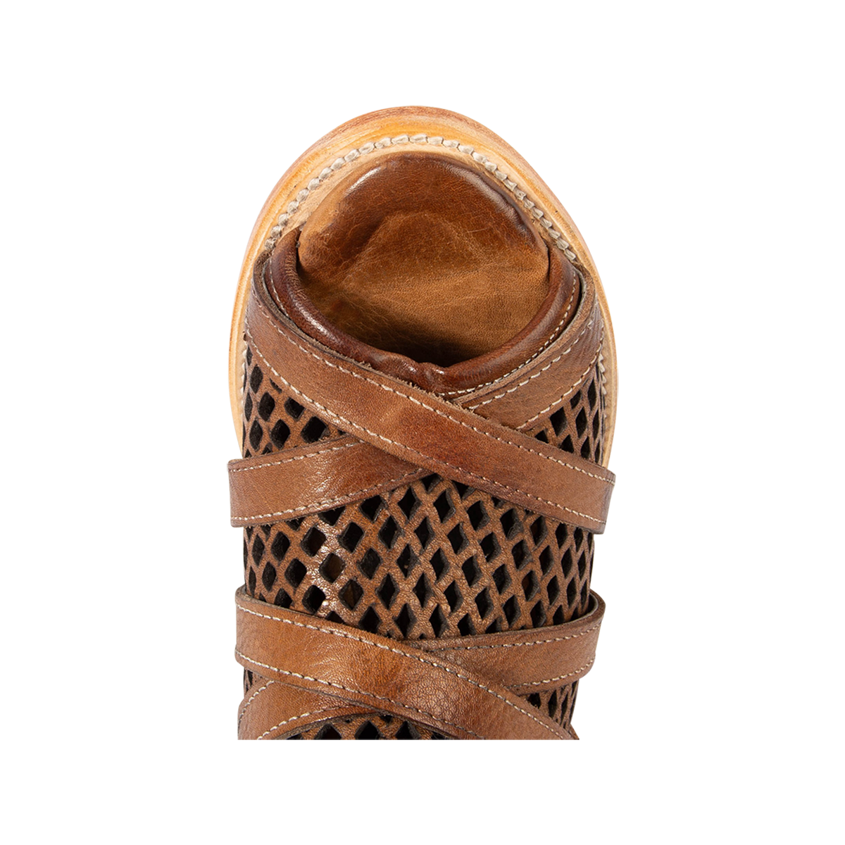 Top view showing an open toe construction on FREEBIRD women's Nikki tan leather sandal