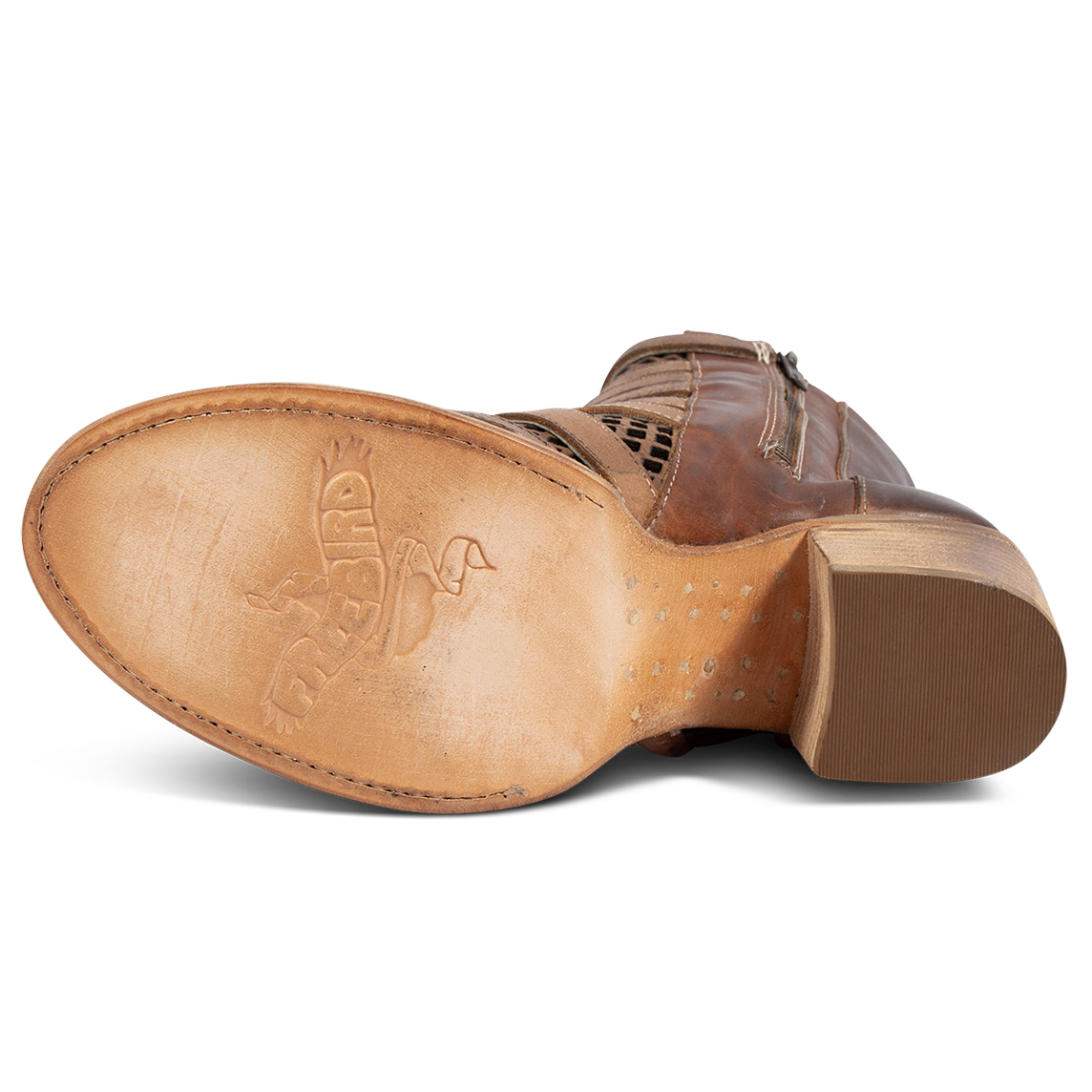 Leather sole imprinted with FREEBIRD on women's Nikki tan leather sandal