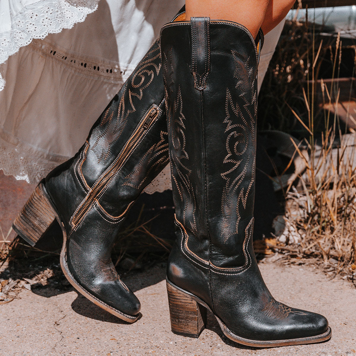 FREEBIRD women's Panama black leather elevated cowboy boot with shaft stitch detailing, inside working brass zipper, stacked heel and a snip toe