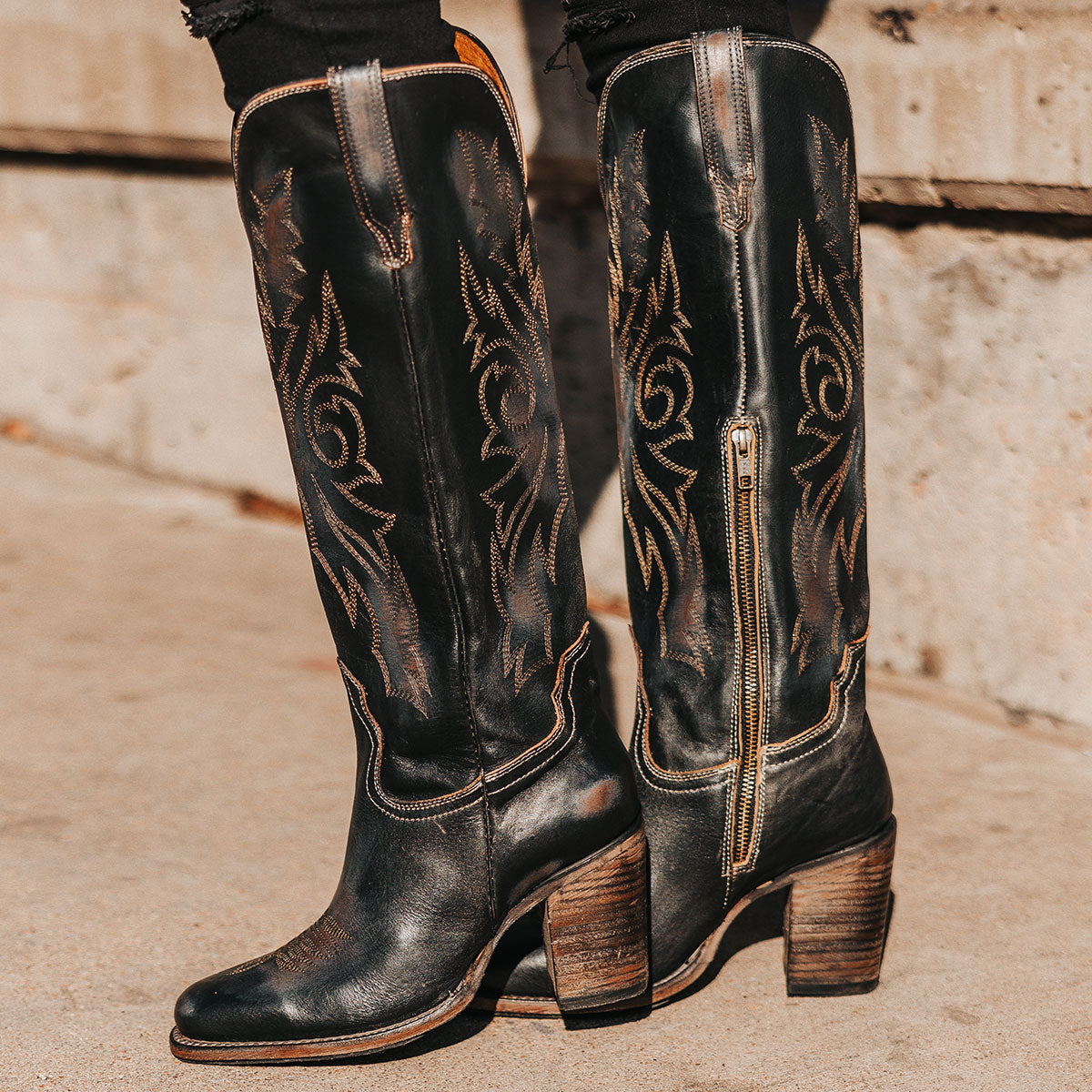 FREEBIRD women's Panama black leather elevated cowboy boot with shaft stitch detailing, inside working brass zipper, stacked heel and a snip toe