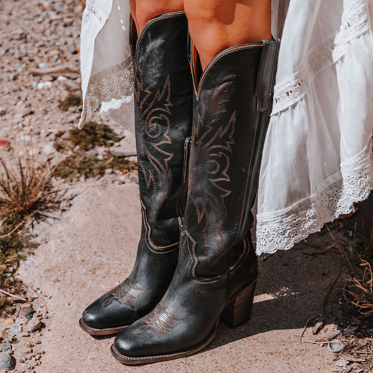 FREEBIRD women's Panama black leather elevated cowboy boot with shaft stitch detailing, inside working brass zipper, stacked heel and a snip toe