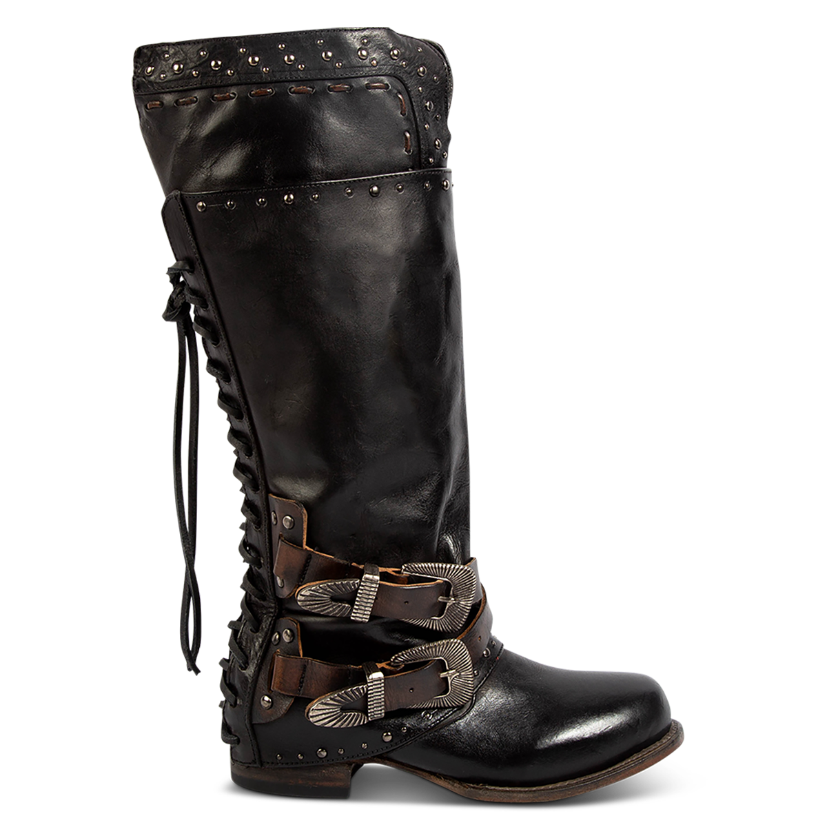 FREEBIRD women's Ramona black leather boot with a full inside working zipper, adjustable back tie lacing and decorative stud embellishments