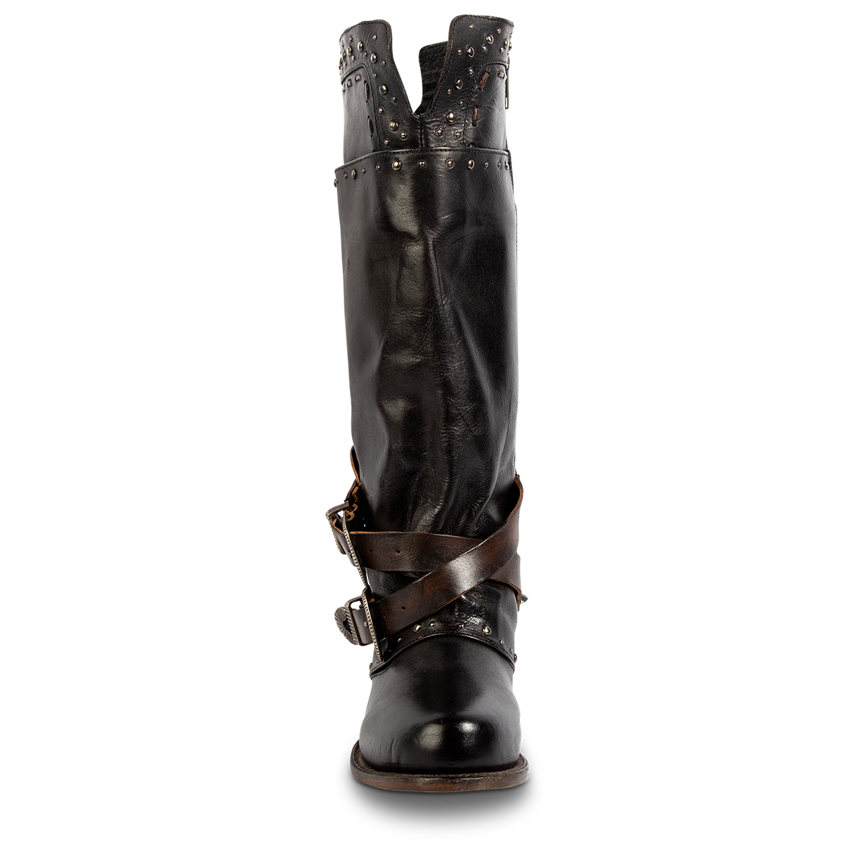 Front view showing FREEBIRD women's Ramona black leather boot with embellished stud detailing, round toe construction and calf/shin cutout