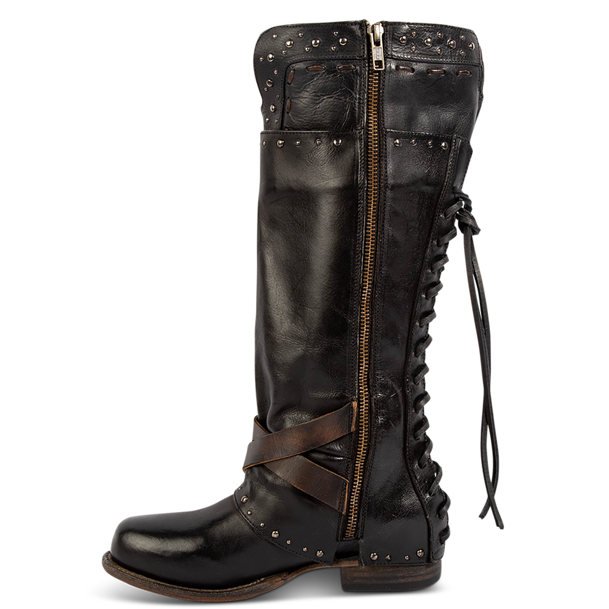 Inside view showing FREEBIRD women's Ramona black leather boot with a full inside working zipper, adjustable back tie lacing and embossed stud detailing