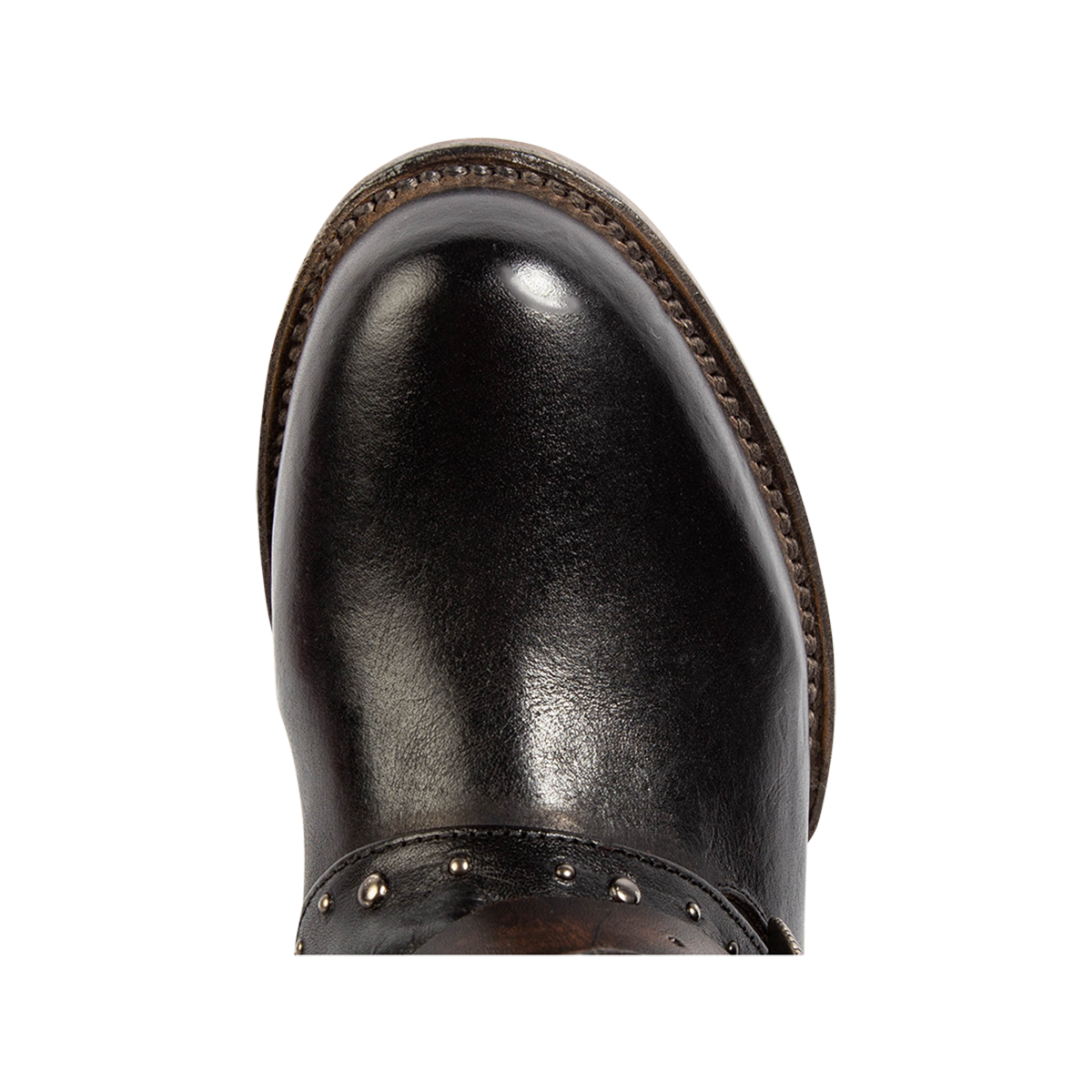 Top view showing FREEBIRD women's Ramona black leather boot with a round toe construction