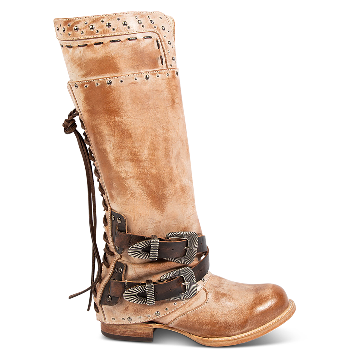 FREEBIRD women's Ramona taupe leather boot with a full inside working zipper, adjustable back tie lacing and decorative stud embellishments