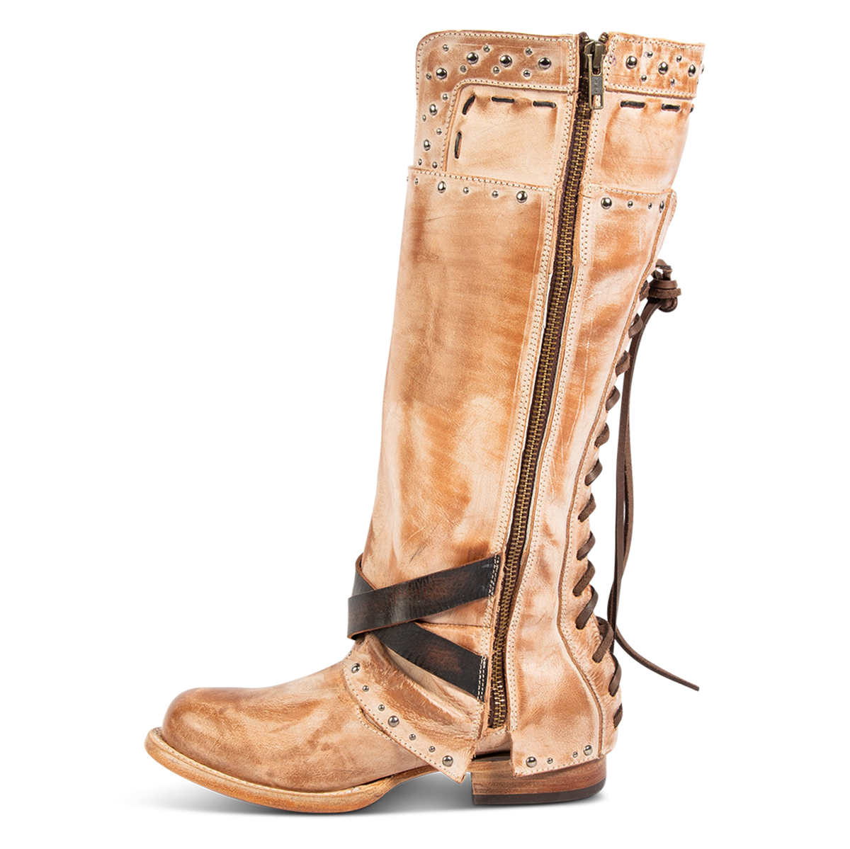 Inside view showing FREEBIRD women's Ramona taupe leather boot with a full inside working zipper, adjustable back tie lacing and embossed stud detailing