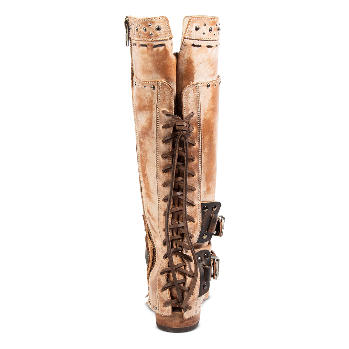 Back view showing adjustable back tie lacing, calf cutout and embossed stud detailing on FREEBIRD women's Ramona taupe leather boot