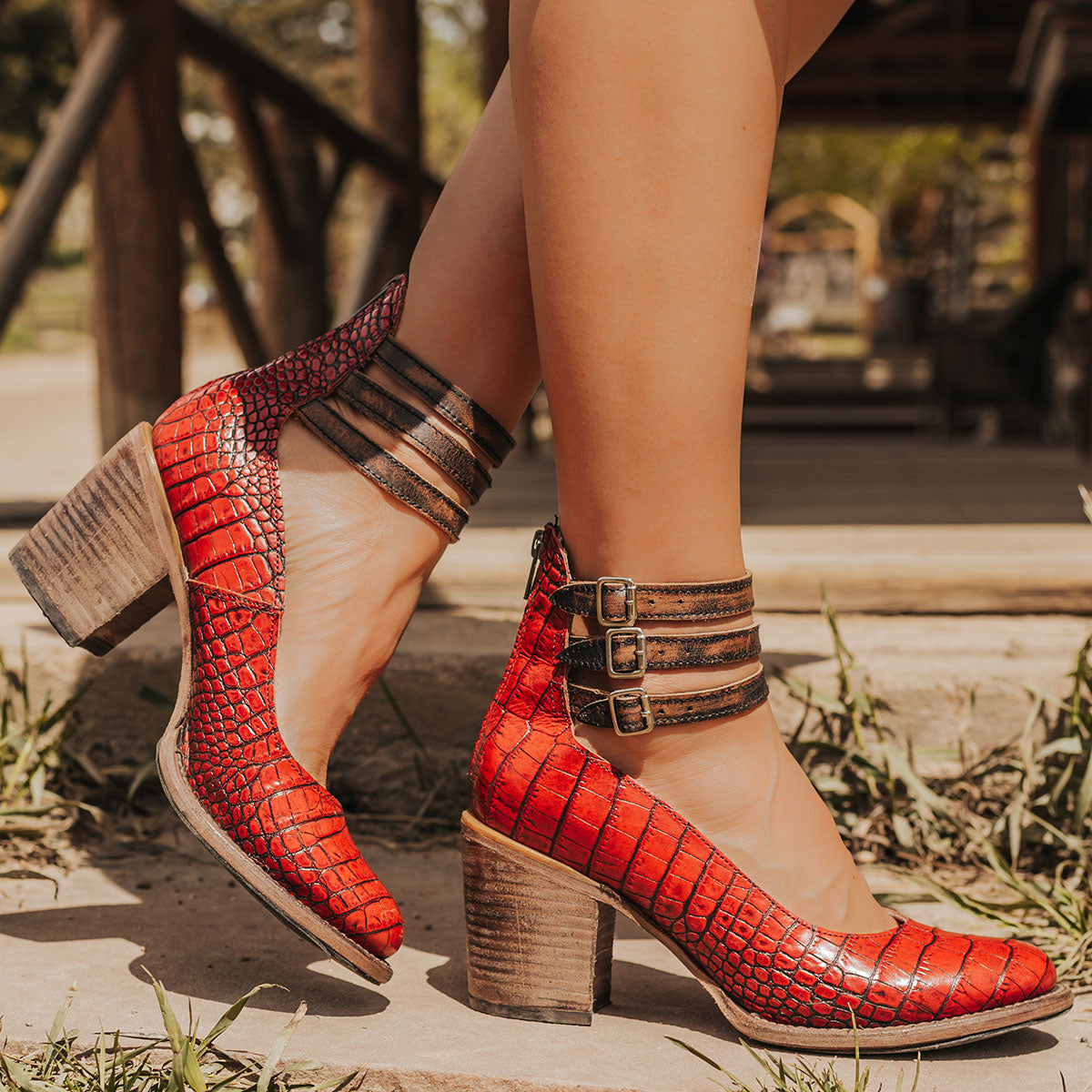 FREEBIRD women's Randi red croco leather open construction ankle strap heel with adjustable rustic buckles