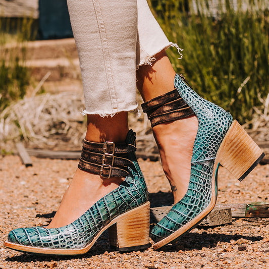 FREEBIRD women's Randi turquoise croco embossed leather open construction ankle strap heel with adjustable rustic buckles