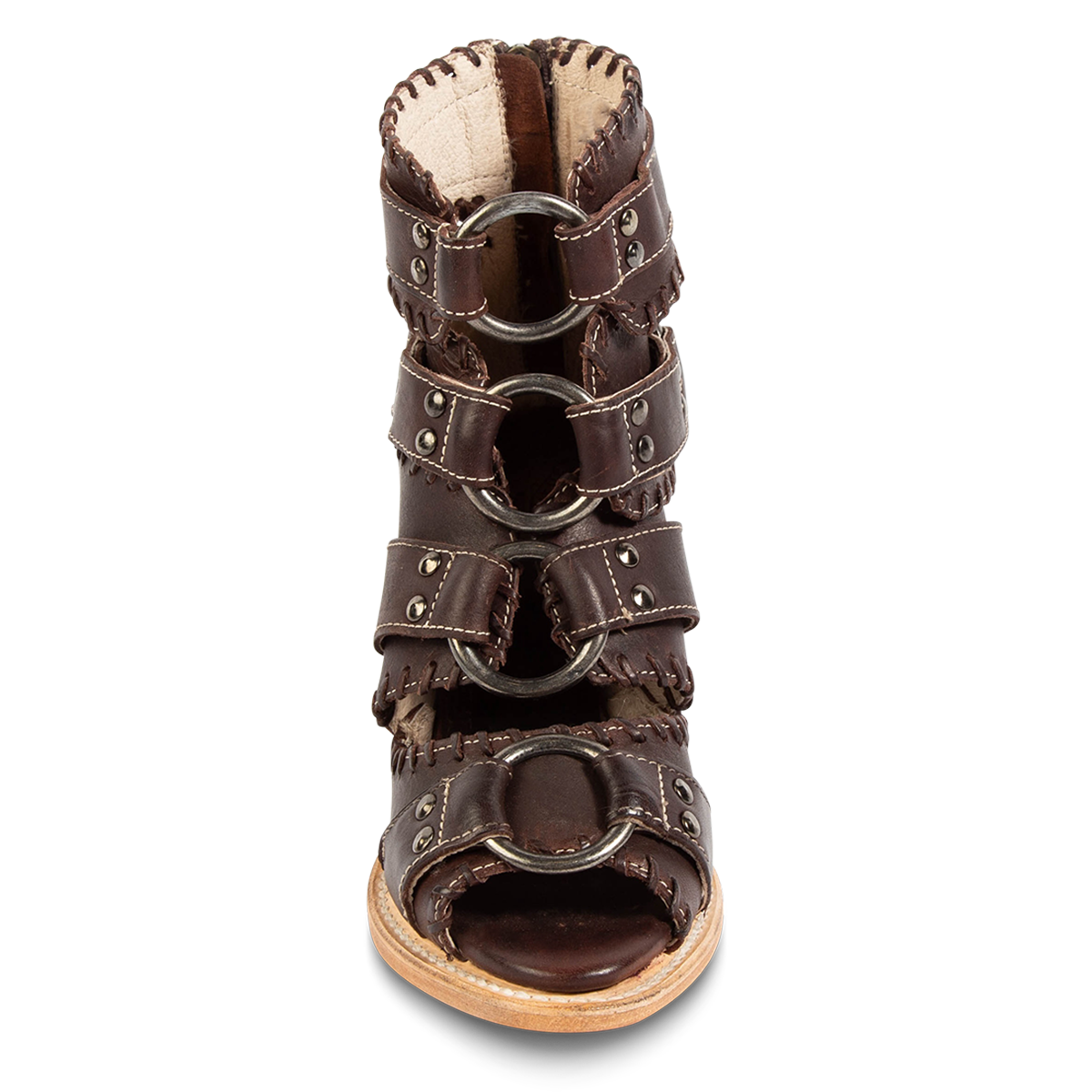 Front view showing FREEBIRD women's Rapture brown leather sandal with o-ring harnesses, open toe silhouette and stud embellishments